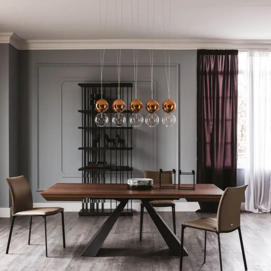Distinguished Cattelan Italia Eliot Wood Drive table with Canaletto walnut top and black embossed lacquered steel base in a geometric form
