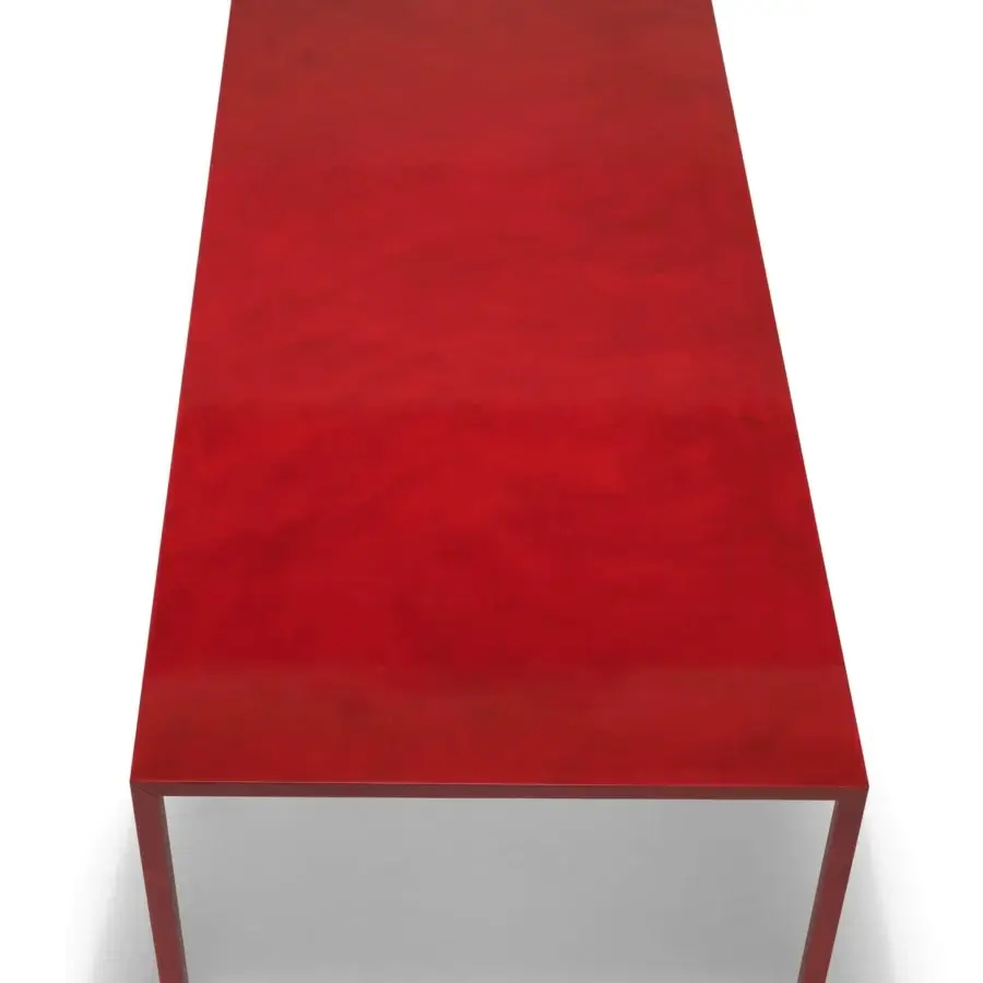 Distinguished MDF Italia Tense Material table with glossy brass plate and transparent acrylic cover in uniform red tone