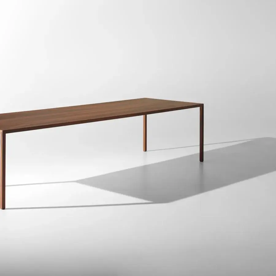 Elegant MDF Italia Tense Material table built in brass plate with a transparent acrylic cover and matt brushed finish