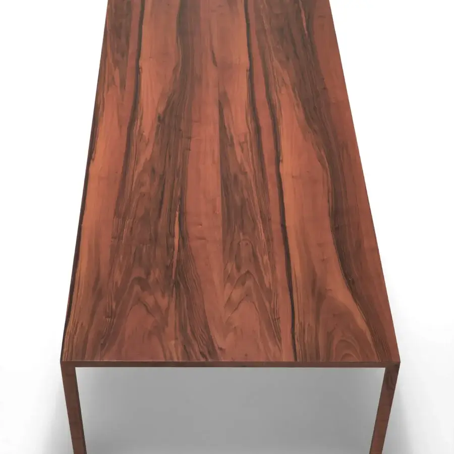 Distinguished MDF Italia Tense Material table with reddish-brown wood grain and brass plate built in matt brushed finish with transparent acrylic