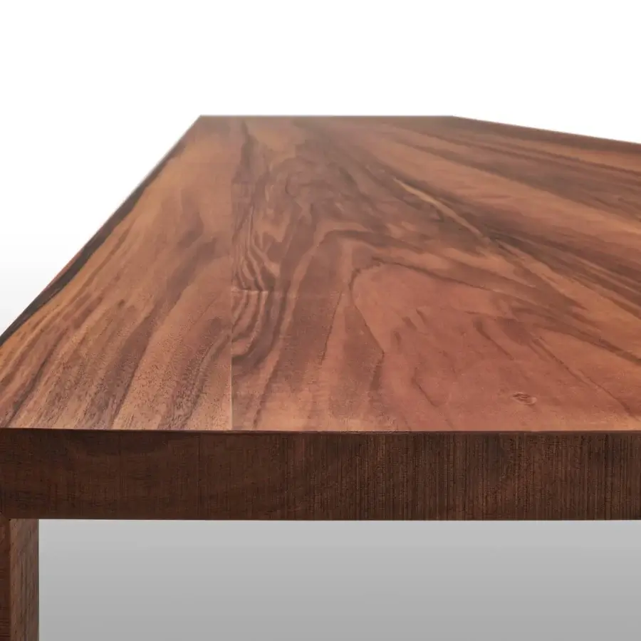 Elegant MDF Italia Tense Material table with brass plate and transparent acrylic, showcasing warm brown wood grain with a matt brushed finish