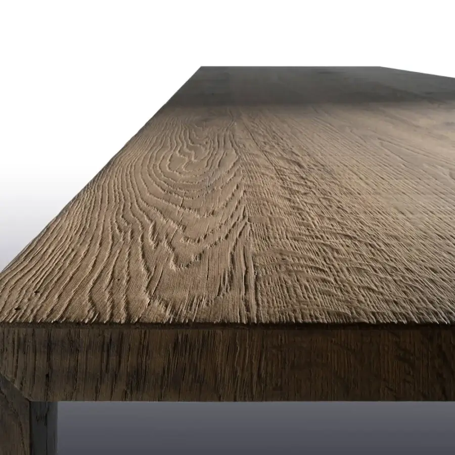 Harmonious MDF Italia Tense Material table built with brass plate and transparent acrylic covering a medium brown tone