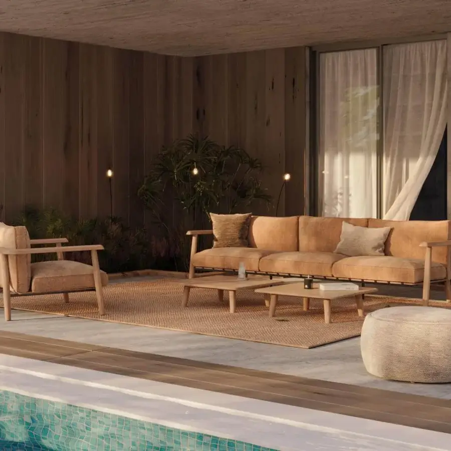 Lavish Royal Botania Mambo lounge chair with geometric silhouette built in steel and teak wood, upholstered in light beige textiles