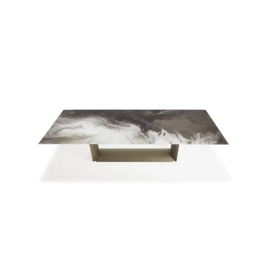 Exclusive Cattelan Italia Dragon table with swirling marbled extra clear glass and black embossed lacquered steel trestle base