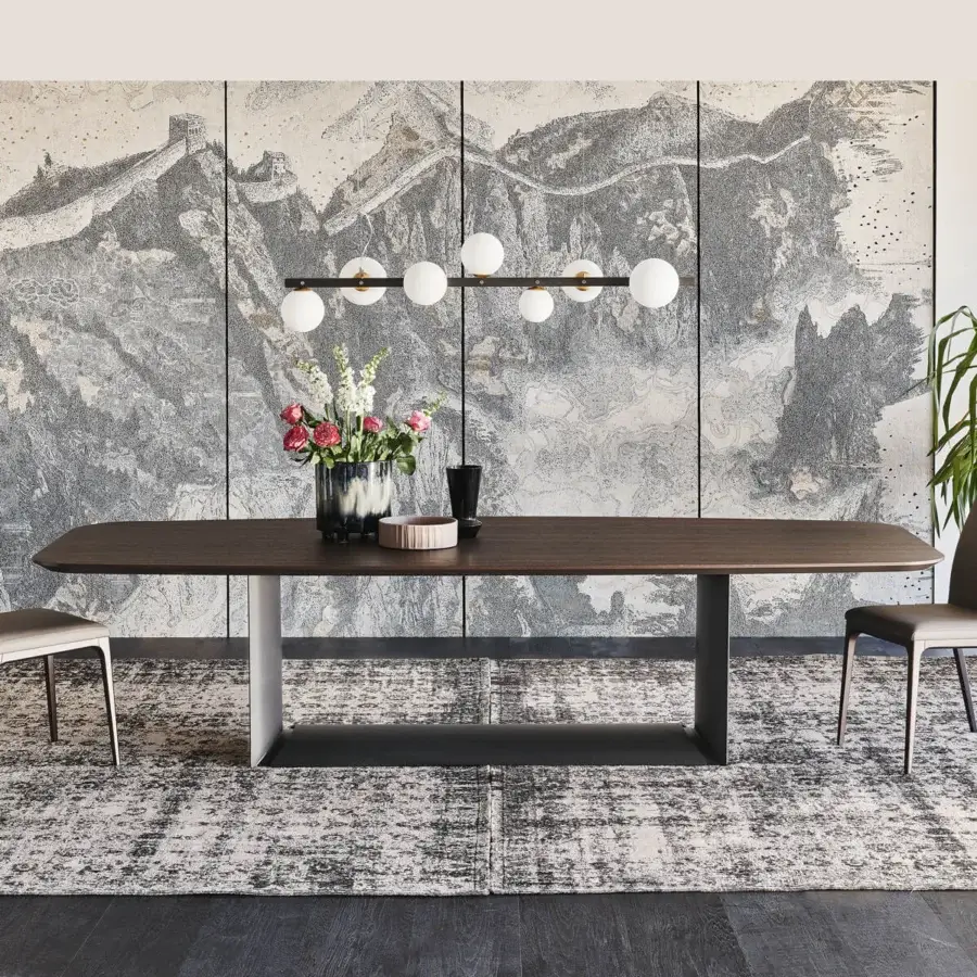 Distinguished Cattelan Italia Dragon table with burned oak boat-shaped top and contrasting matte lacquered steel base