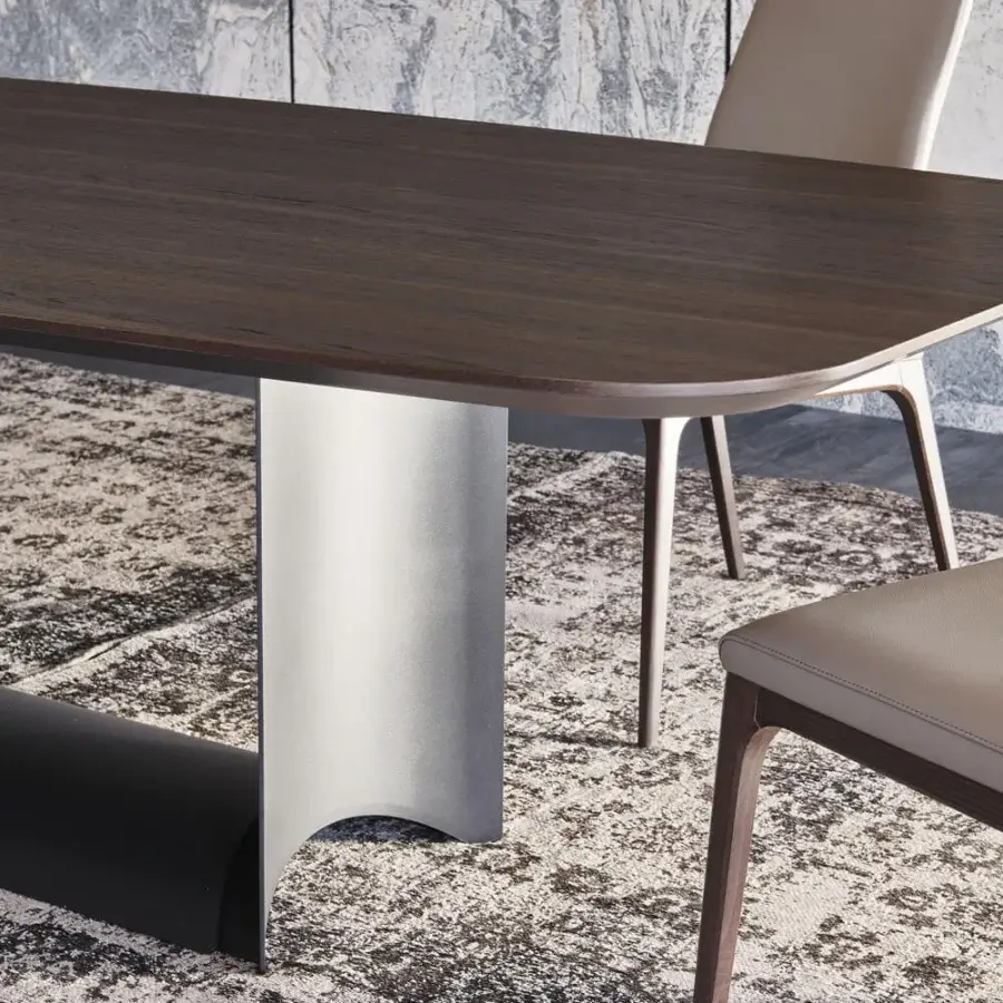 Exceptional Cattelan Italia Dragon table with Canaletto walnut barrel top and graphite embossed lacquered steel base