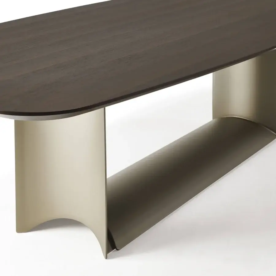 Superior Cattelan Italia Dragon table with boat-shaped Canaletto walnut top and graphite embossed lacquered steel base