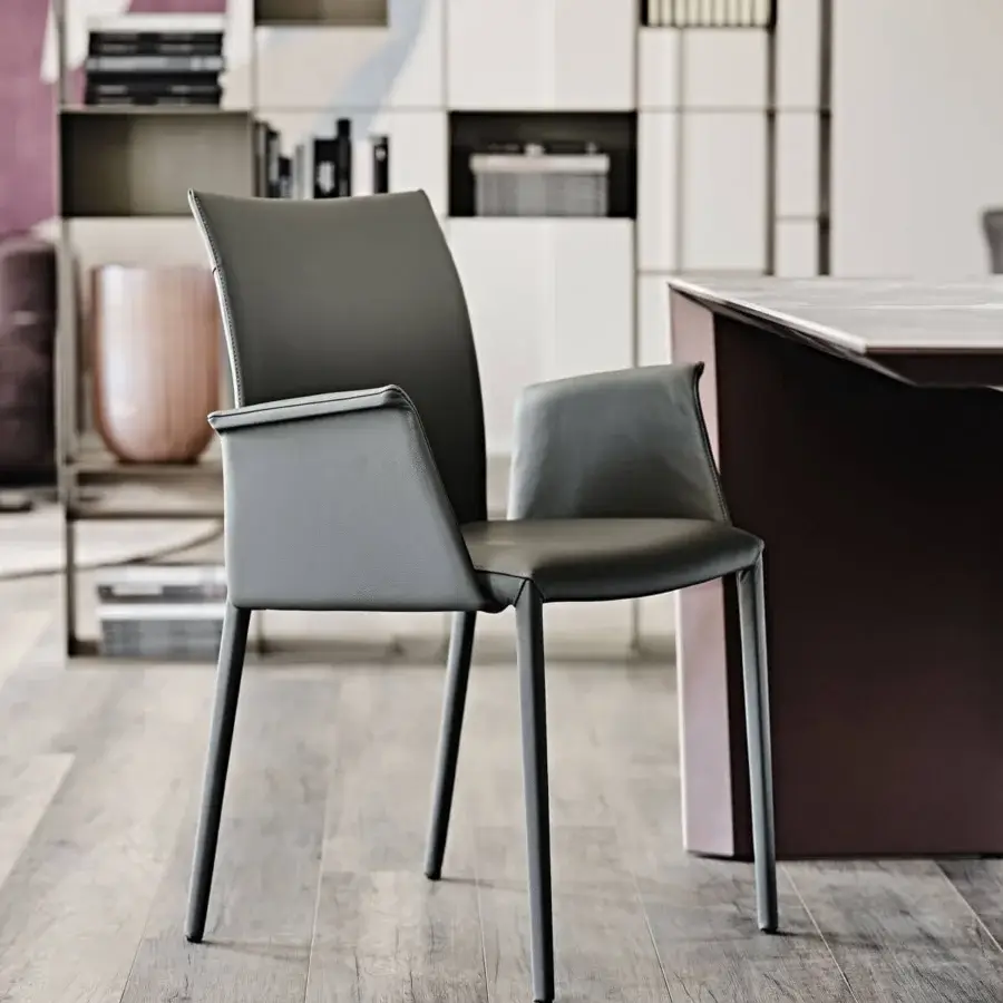 Distinguished Cattelan Italia Norma chair with smooth dark gray soft leather and slender legs