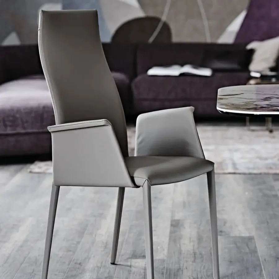 Superior Cattelan Italia Norma chair with steel frame fully upholstered in supple gray soft leather