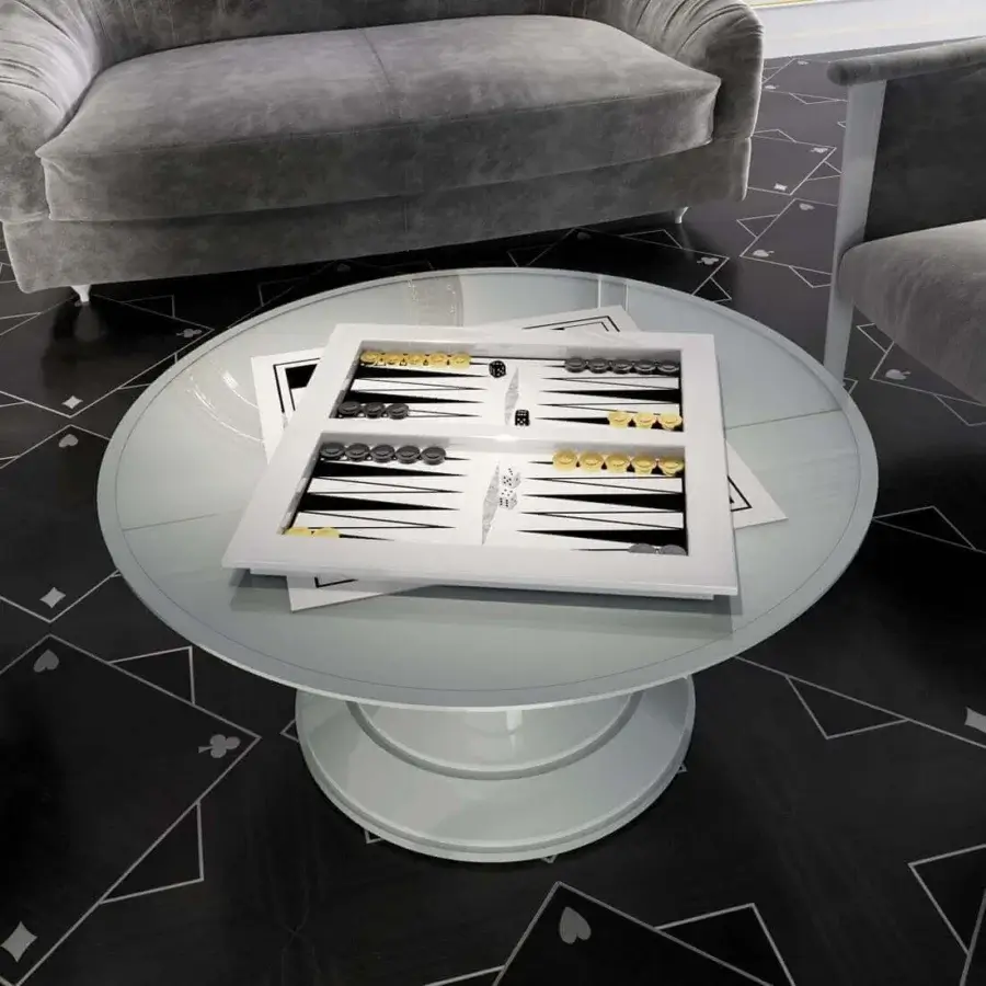 Elegant Vismara Scaccomatto table crafted with lacquered tempered glass, ebony, erable wood and mother-of-pearl inlay with steel detailing