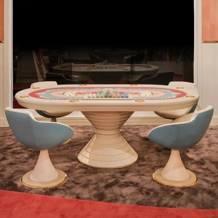 Elegant Vismara Vegas poker table with off-white lacquered edge and rings base, accented with gold polished steel cup holders and printed microfiber tabletop