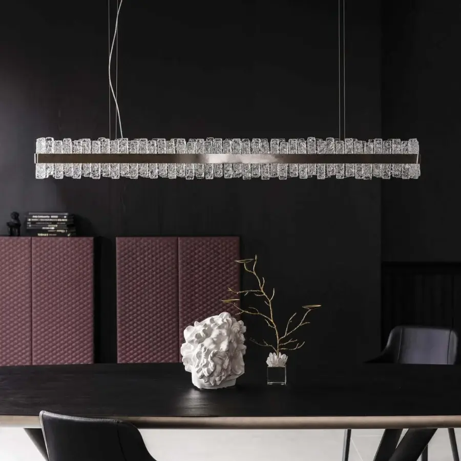 Exceptional Cattelan Italia Phoenix suspension lamp with hand-made clear glass elements and brushed steel band