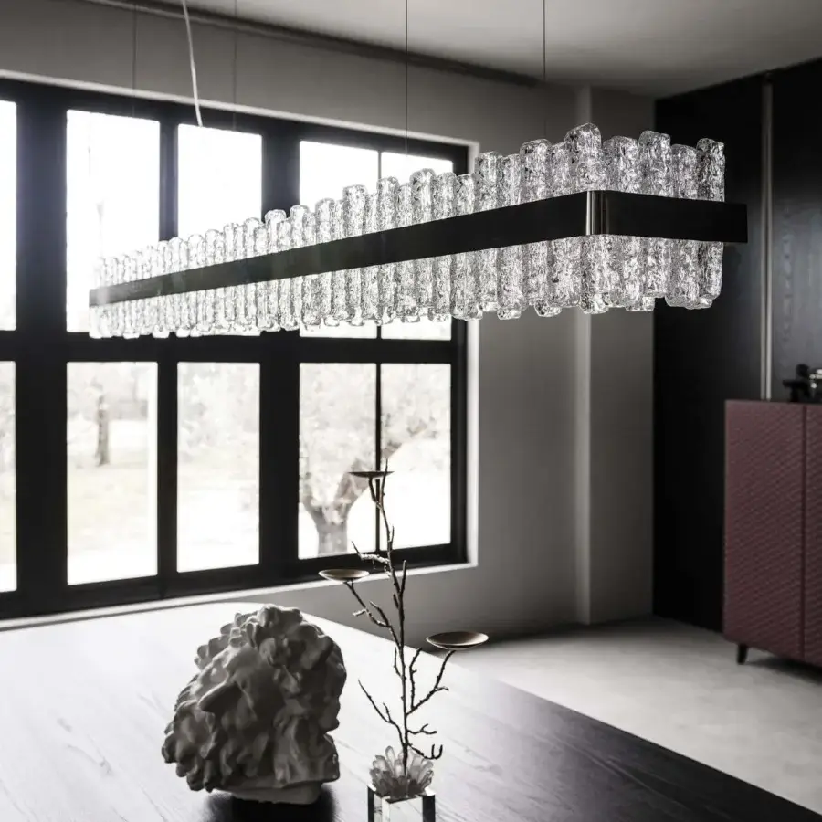 Elegant Cattelan Italia Phoenix suspension lamp with hand-made clear textured glass and brushed steel band