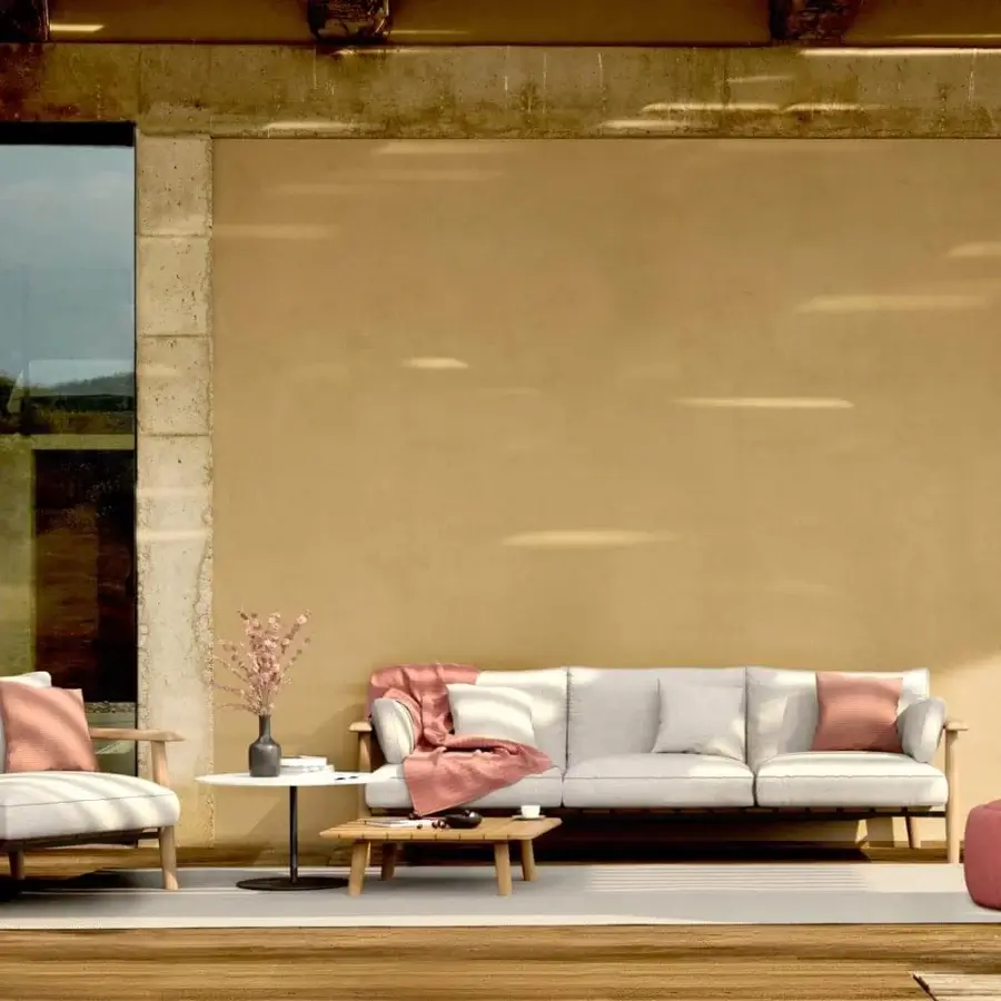 Superior Royal Botania Mambo lounge chair with steel and teak wood frame, white textile upholstery, plus muted pink cushion