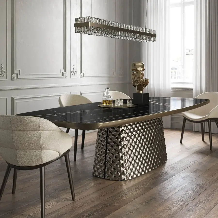 Captivating Cattelan Italia Atrium table with ceramic Marmi tabletop and brushed bronze lacquered lower profile