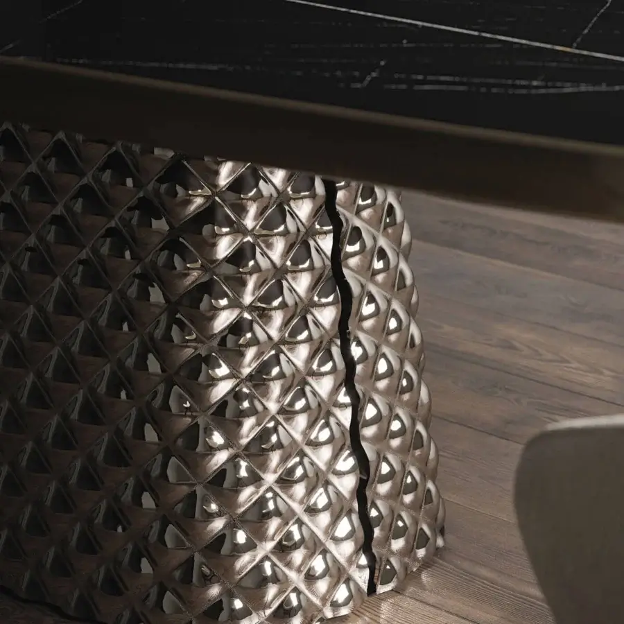 Superior Cattelan Italia Atrium table with ceramic Marmi top and quilted curved mirrored glass base