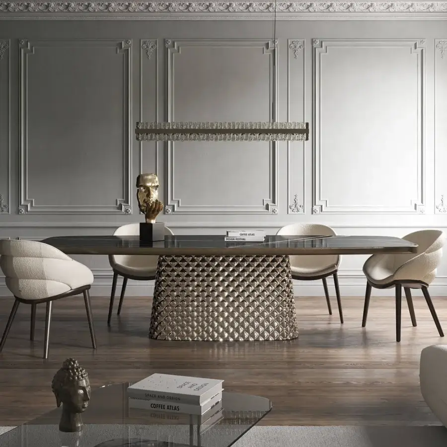 Distinguished Cattelan Italia Atrium table with dark ceramic Marmi top and quilted curved mirrored glass base crafted in brushed bronze lacquer