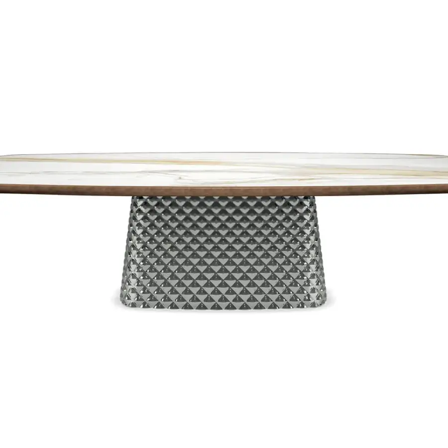Distinguished Cattelan Italia Atrium table with light cream ceramic Marmi and quilted curved mirrored glass base with brushed bronze finish
