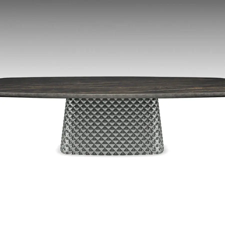 Exclusive Cattelan Italia Atrium table with ceramic Marmi and brushed bronze lacquered lower profile built with quilted curved glass base