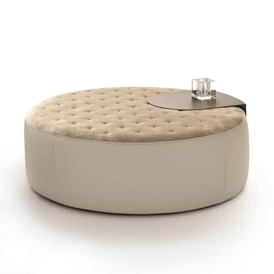 Distinguished Ditre Italia Clip ottoman with tufted textile cushion and matte light beige leather base, complemented by a dark metal side table