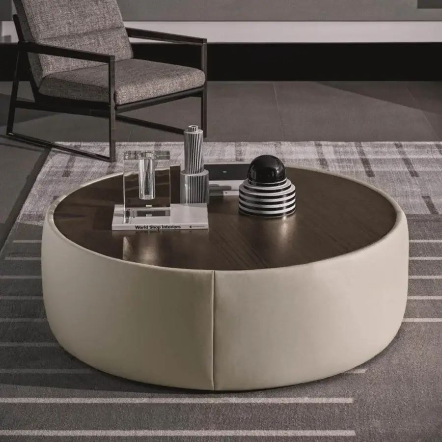 Superior Ditre Italia Clip coffee table with round dark-stained wood top and light beige textile cylindrical base