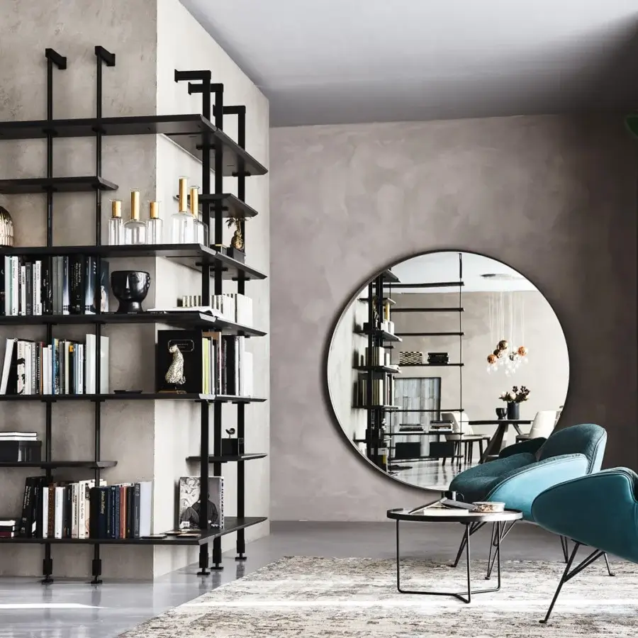 Innovative Cattelan Italia Airport bookcase with asymmetrical graphite painted wood shelves and matte black embossed lacquered steel supports