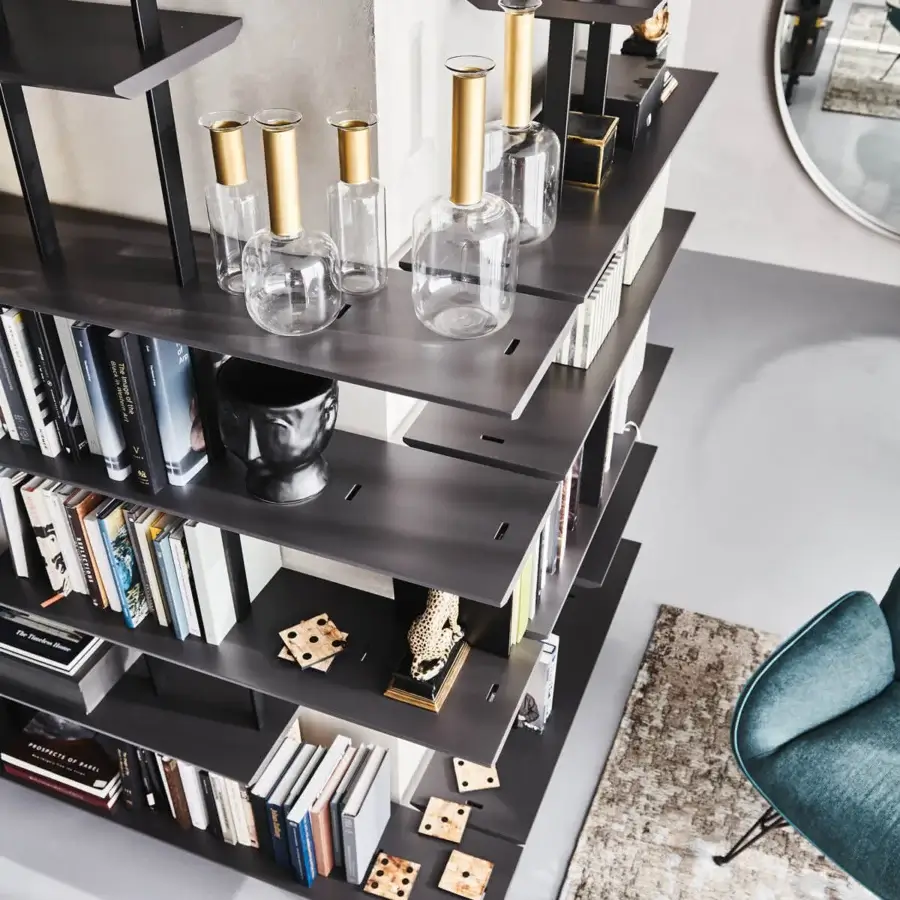 Exceptional Cattelan Italia Airport bookcase with staggered graphite painted wood shelves and graphite embossed lacquered steel supports crafted in matte finish
