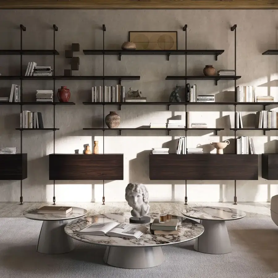 Superior Cattelan Italia Airport bookcase with Canaletto walnut shelves and graphite embossed lacquered steel pillars and brackets
