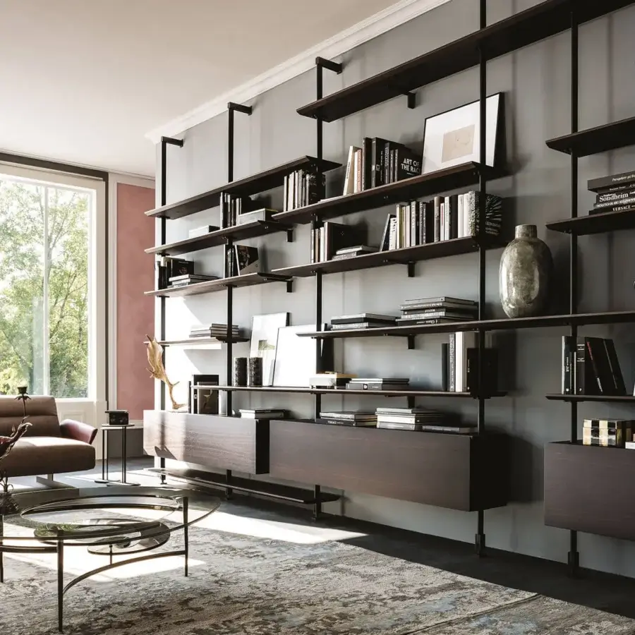 Distinguished Cattelan Italia Airport bookcase with Canaletto walnut shelves and black graphite embossed lacquered steel supports