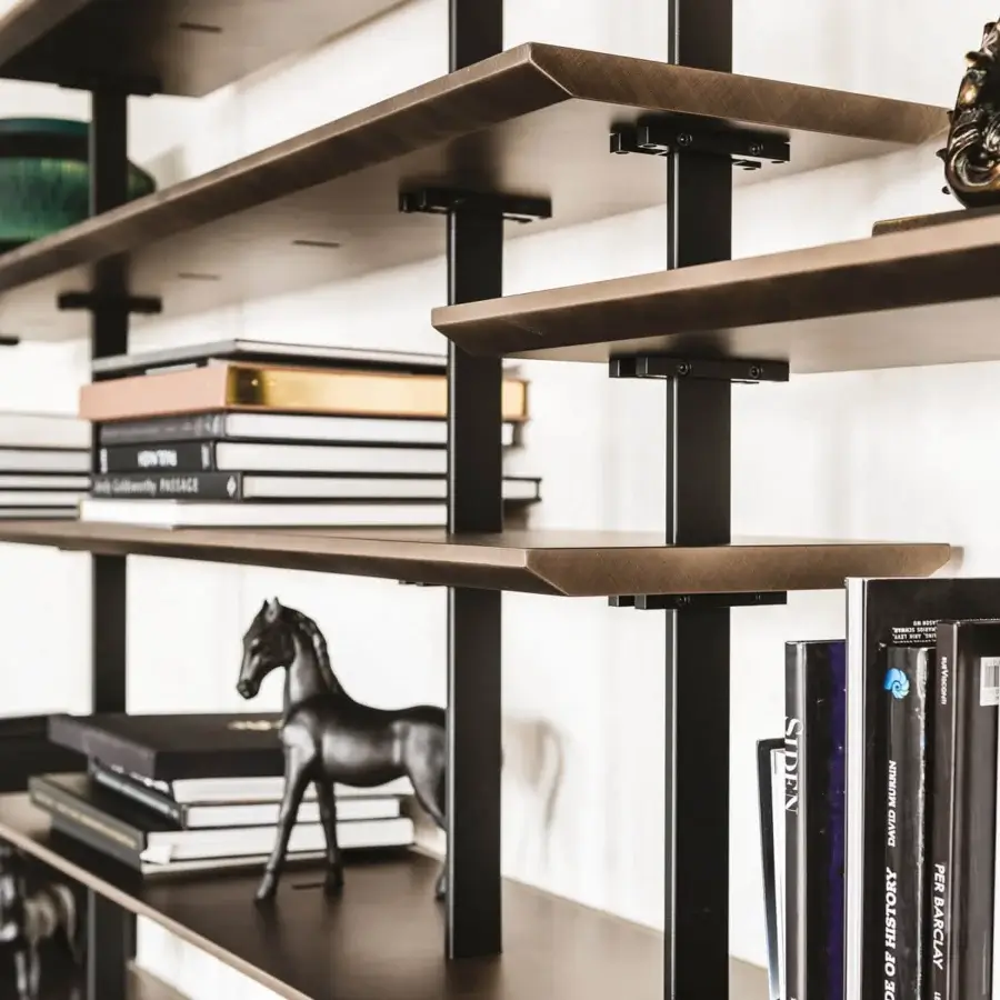 Elegant Cattelan Italia Airport bookcase with Canaletto walnut shelves and graphite embossed lacquered steel supports featuring a dark finish