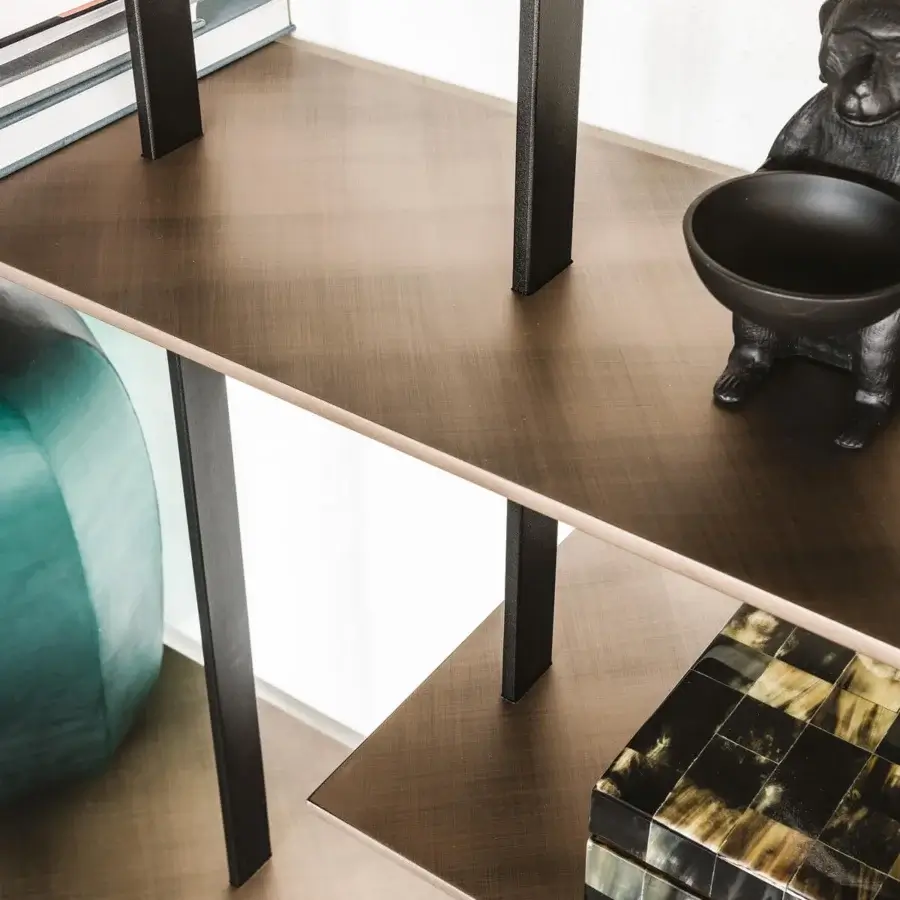Exceptional Cattelan Italia Airport bookcase with Canaletto walnut shelves and graphite embossed lacquered steel frame