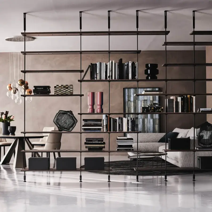 Captivating Cattelan Italia Airport bookcase with Canaletto walnut shelves and black embossed lacquered steel pillars