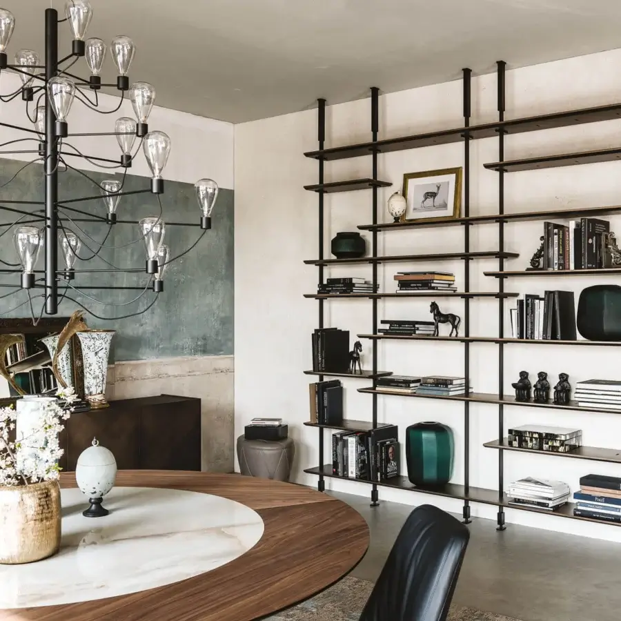 Superior Cattelan Italia Airport bookcase with Canaletto walnut shelves and graphite embossed lacquered steel pillars