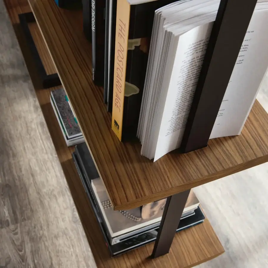Superior Cattelan Italia Airport bookcase with Canaletto walnut shelves and graphite embossed lacquered steel pillars