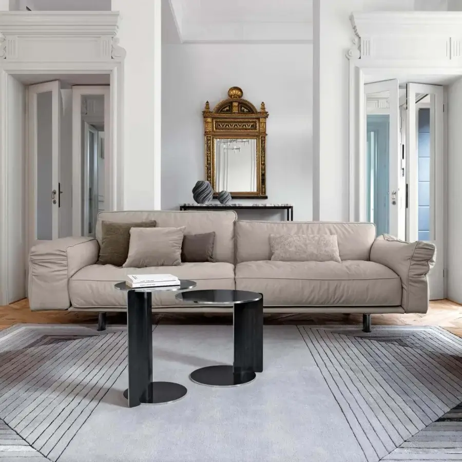 Exceptional Arketipo Close to Me sofa with light beige fabric upholstery and a wraparound leather strap detail
