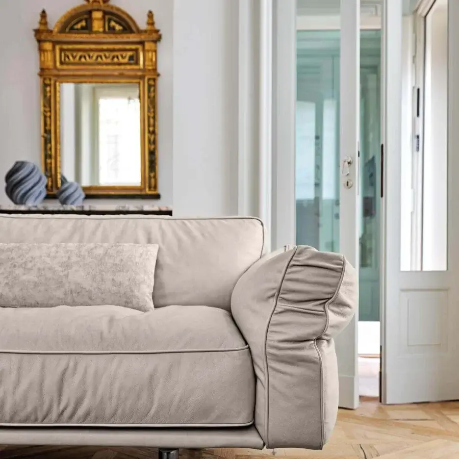 Superior Arketipo Close to Me sofa with light beige textile upholstery and wraparound leather belt