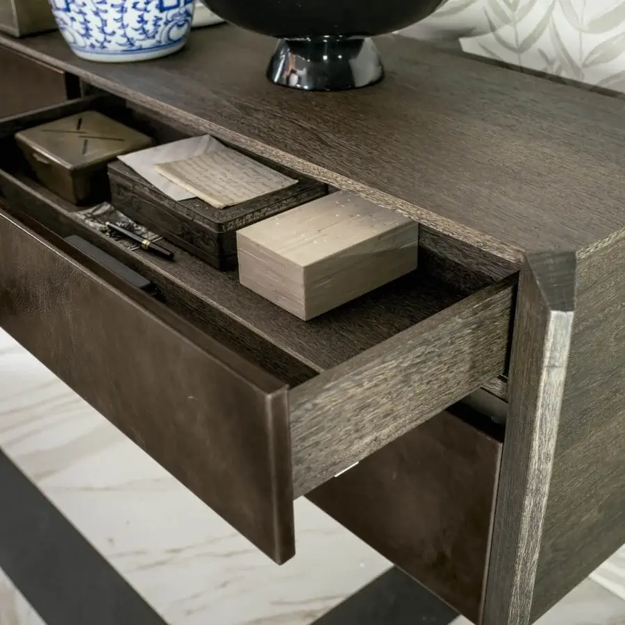 Distinguished Arketipo Glory sideboard crafted in deep brown with leather doors and drawers, exhibiting sleek lines and ethereal legs