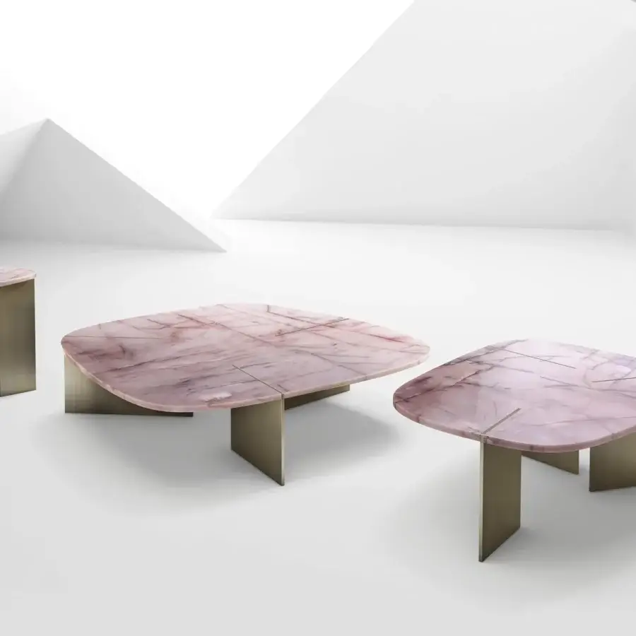 Lavish Arketipo Rumors coffee table set with light pink marble-patterned tops and muted gold brushed metal blades