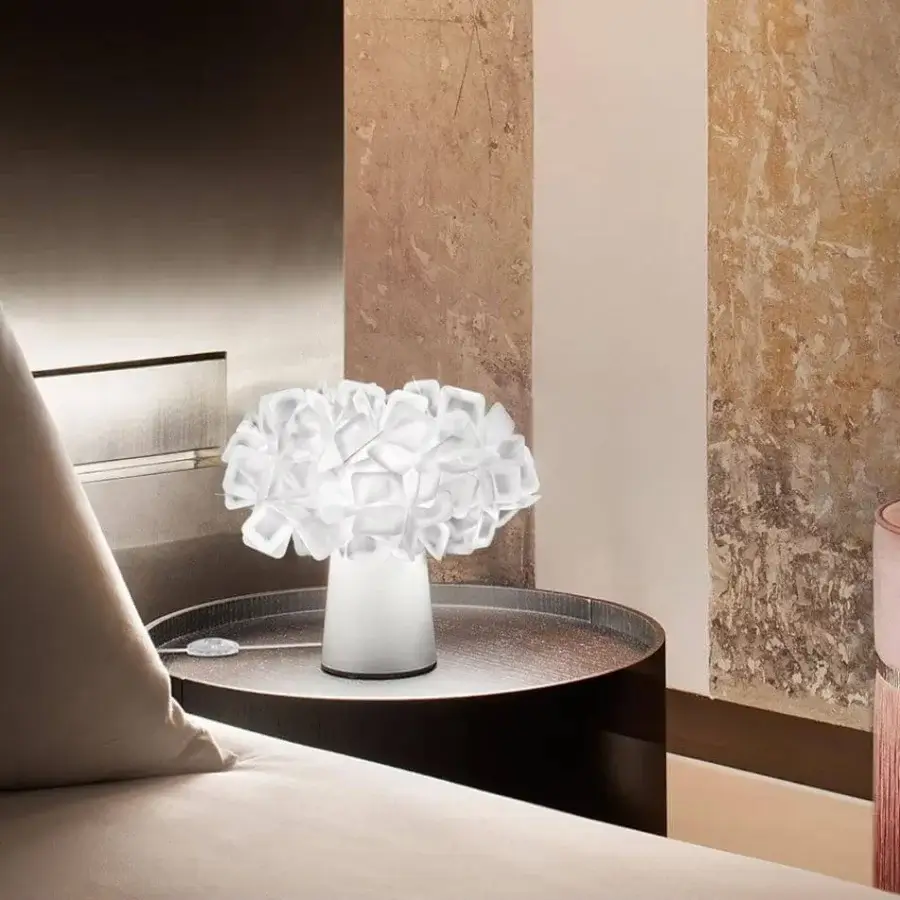 Elegant Slamp Clizia table lamp with a cloud-like Lentiflex® shade and cylindrical base fading from opaque white to black