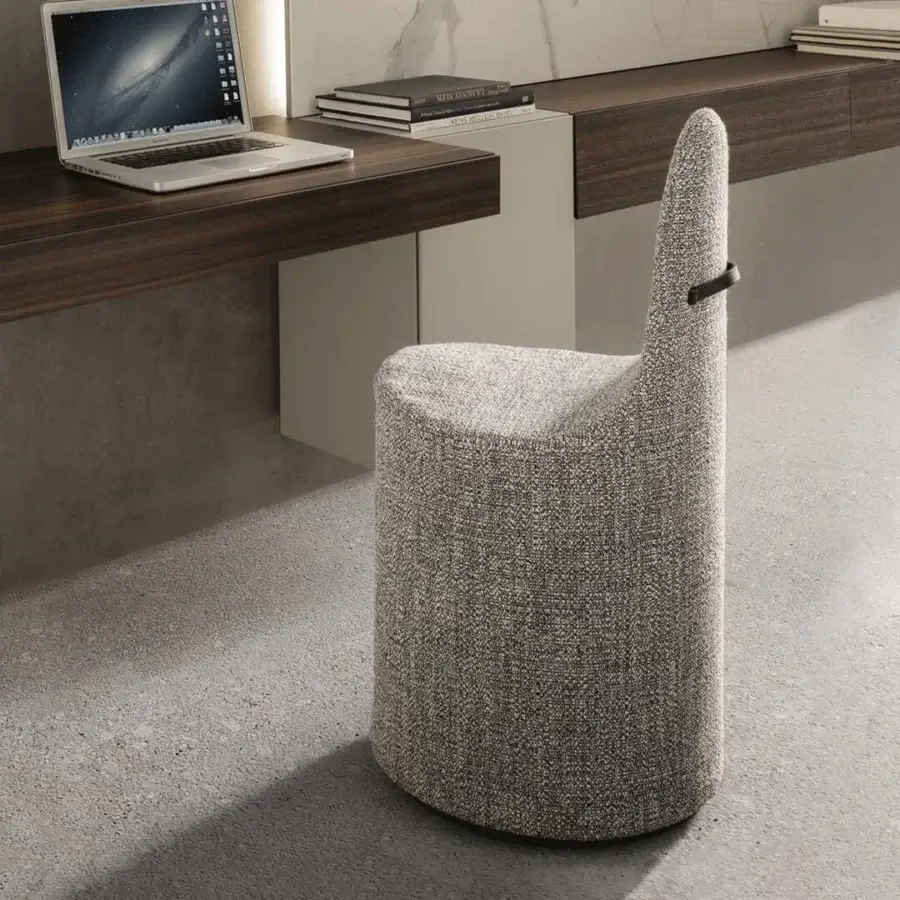 Exceptional Presotto Landscape chair with neutral grey woven textile upholstery and dark leather handle