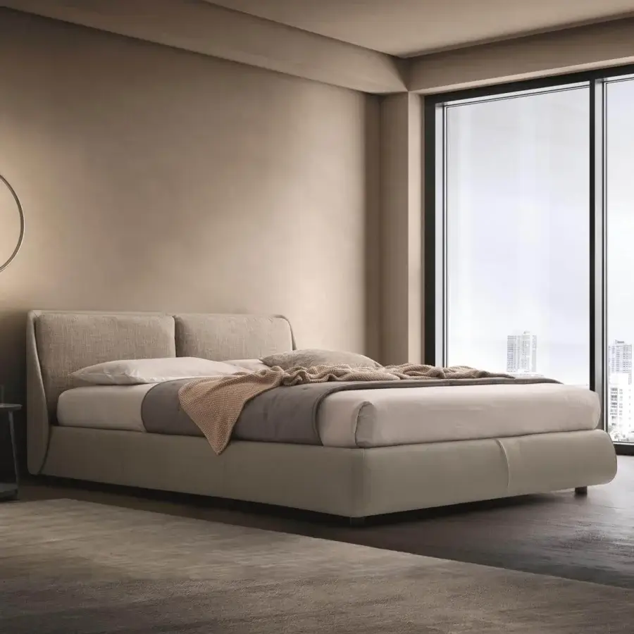 Exceptional Ditre Italia Bend bed with beige textile and leather upholstery and matte finish
