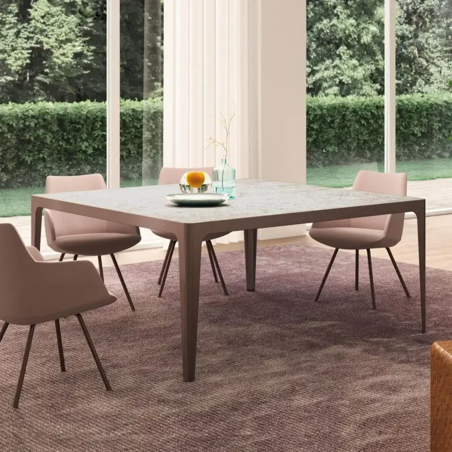 Distinguished Presotto Grand More table with a flush, glossy marble effect top and uniform brown legs in black epoxy