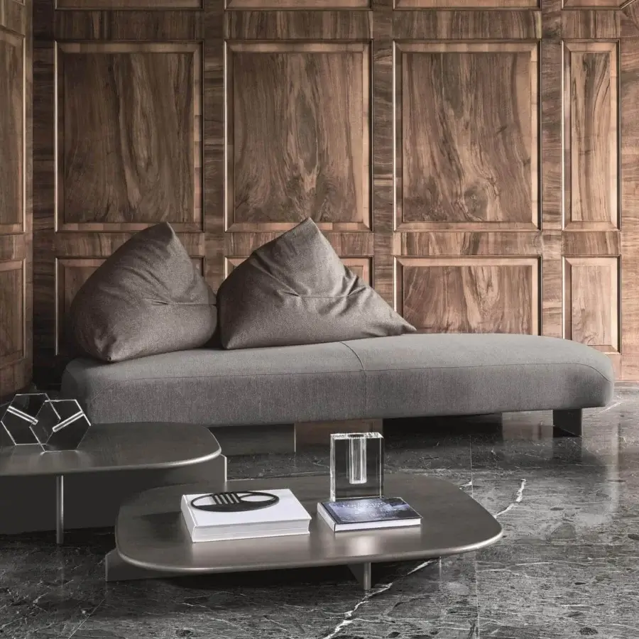 Exceptional Ditre Italia Papilo sofa upholstered in matte gray textile with a wraparound design and geometric base