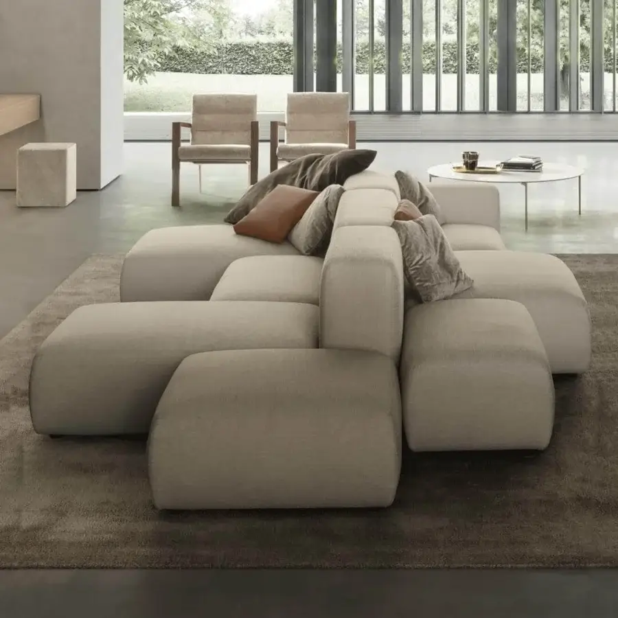 Exceptional Presotto Kos sectional with light beige textile upholstery and matte finish crafted for sophisticated living spaces