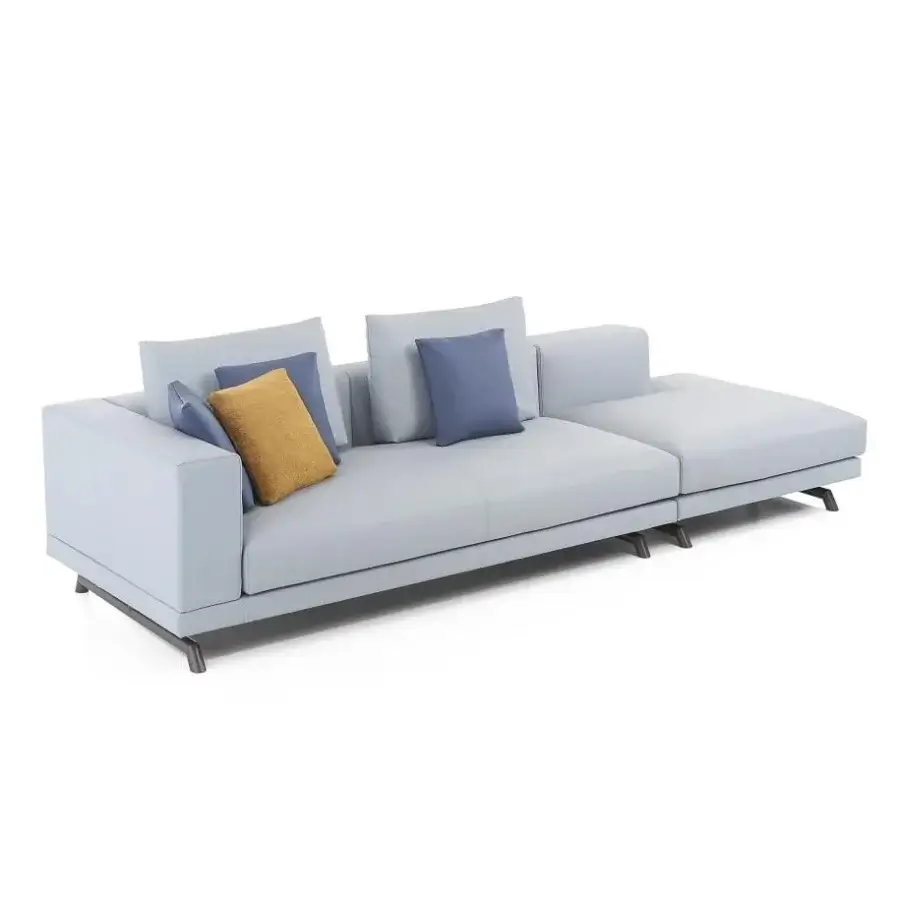 Superior Presotto San Marino sectional with light blue textile upholstery and peltro varnished metal legs
