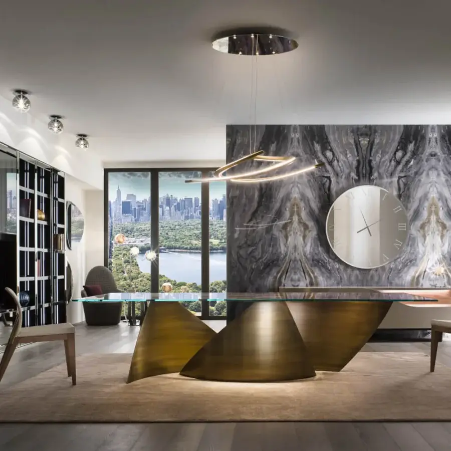 Distinguished Reflex Speedform suspension lamp with intersecting curved bands in light-colored metal and a reflective ceiling plate