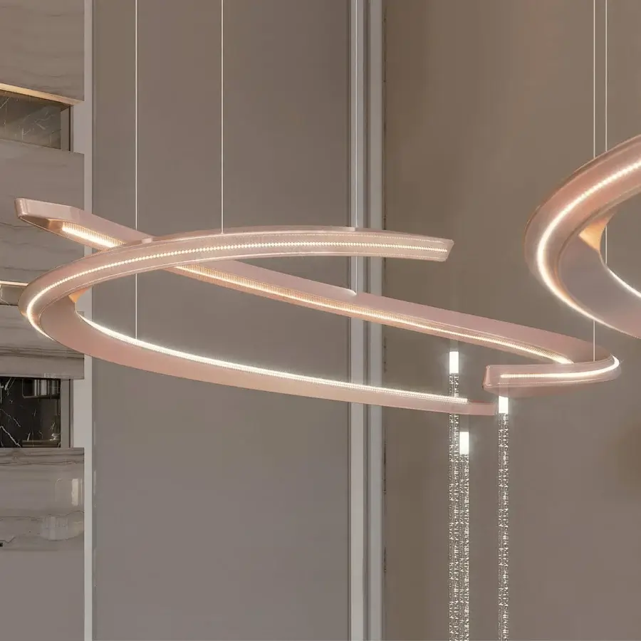 Elegant Reflex Speedform suspension lamp with interconnected rings in light rose gold metallic finish and crystalline details