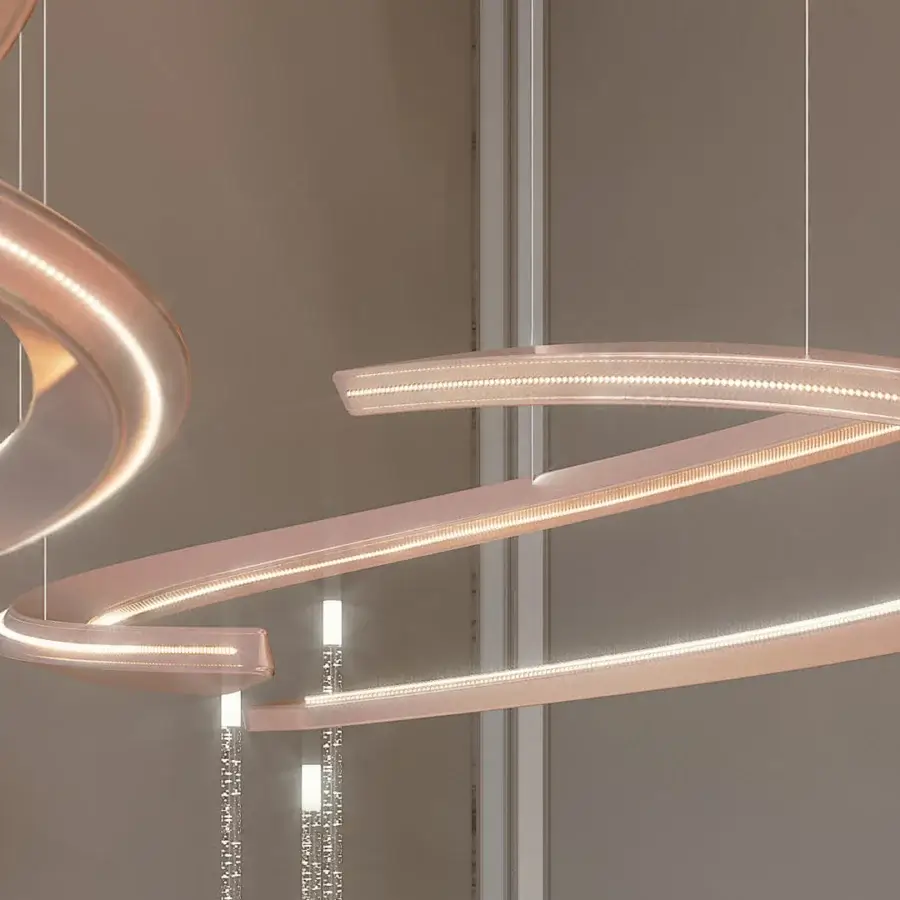 Elegant Reflex Speedform suspension lamp with interconnected rings and sparkling droplets in metallic finishes