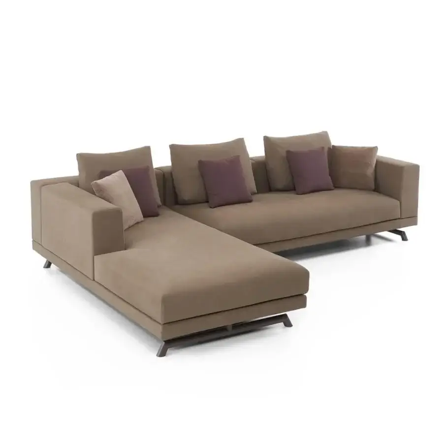 Exceptional Presotto San Marino sectional with warm brown textile cushions and peltro varnished metal feet