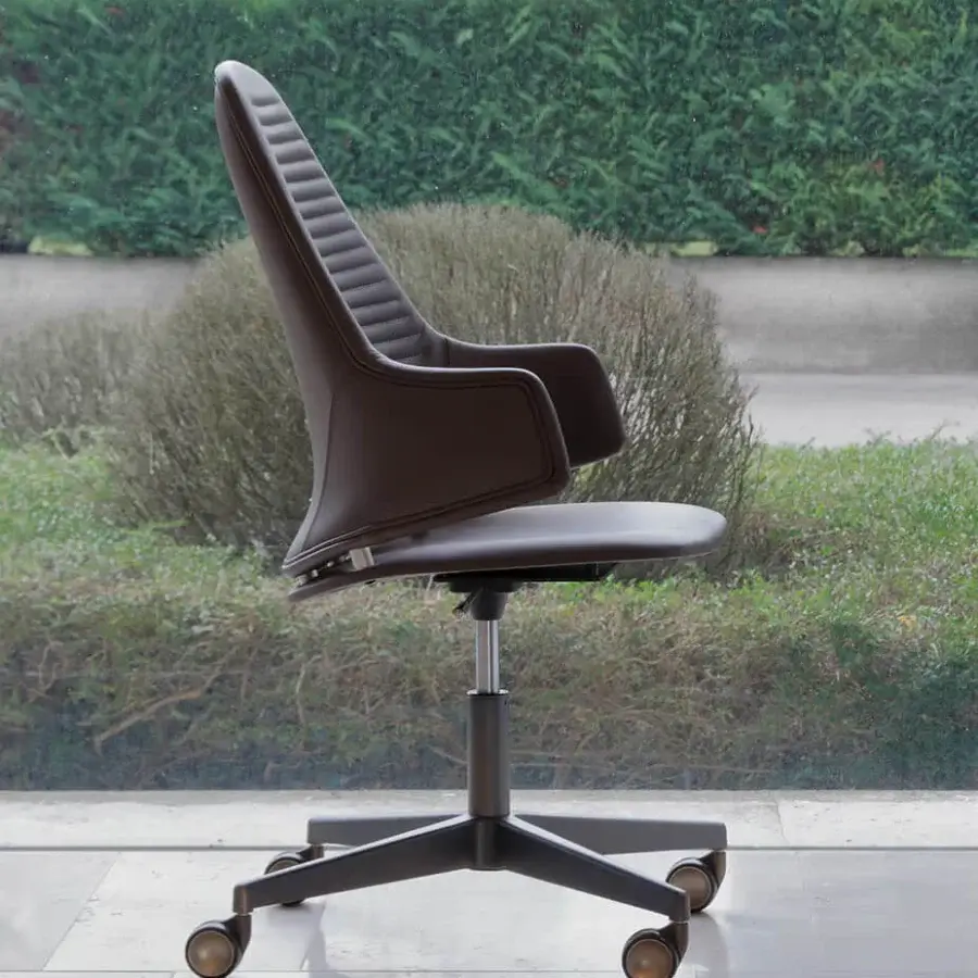 Sophisticated Reflex Vela office chair in dark brown resin and wood with luxury leather upholstery and polished aluminum base